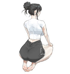  absurdres ass back_peek barefoot black_bra black_hair black_shorts blush bra bra_visible_through_clothes butt_crack commentary_request feet female from_behind full_body ghdwid hair_behind_ear hair_bun hands_on_own_knees highres korean_commentary looking_ahead original see-through see-through_shirt seiza shirt shorts single_hair_bun sitting soles solo toes underwear white_background 