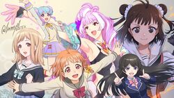  6+girls aikatsu!_(series) aikatsu_stars! armpits black_hair black_jacket blazer blue_hair bow braid breasts brown_eyes brown_hair brown_skirt collarbone crossover dated double_bun finger_gun flat_chest floating_hair grey_jacket hair_behind_ear hair_bun hairbow hanazono_kirara highres idolmaster idolmaster_shiny_colors jacket kantai_collection love_live! love_live!_sunshine!! macross macross_delta medium_breasts medium_hair mikumo_guynemer multicolored_hair multiple_crossover multiple_girls naka_(kancolle) nijisanji open_mouth orange_hair plaid plaid_bow purple_eyes purple_hair purple_skirt red_eyes red_skirt sailor_collar sakuragi_mano school_uniform shinmai_(kyata) side_braid skirt smile streaked_hair takami_chika tsukino_mito tsukino_mito_(1st_costume) two_side_up v-shaped_eyebrows vest virtual_youtuber yellow_bow yellow_vest 