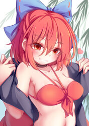  absurdres bad_id bad_pixiv_id bikini black_choker blue_bow blush bow breasts choker dior-zi eyes_visible_through_hair female hair_between_eyes hairbow heart highres medium_breasts red_bikini red_eyes red_hair sekibanki short_hair smile solo swimsuit touhou upper_body 