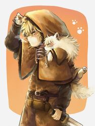  1boy animal_on_shoulder bad_id bad_pixiv_id blonde_hair cape cat_on_shoulder dagger feline fluffy fur_trim hood hooded_cape knife long_sleeves male_focus profile short_hair thorfinn tunic user_xcze3872 viking vinland_saga weapon yellow_cat 