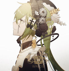  black_bow black_flower black_headwear black_rose bow character_name commentary cross cross_hair_ornament eyebrow_piercing facial_mark female flower frilled_hairband frills from_side gear_hair_ornament gears green_eyes green_hair hair_flower hair_ornament hairband hairbow hat hatsune_miku highres konya_karasue lace_trim long_hair looking_away piercing profile ribbon_trim ring_hair_ornament rose sidelocks solo twintails upper_body vocaloid white_bow 