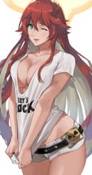  alternate_costume belt black_belt breasts cleavage clothes_pull clothes_writing colored_inner_hair female green_eyes guilty_gear guilty_gear_strive guilty_gear_strive_x_tower_records hair_between_eyes halo highres j@ck jack-o&#039;_valentine large_breasts long_hair multicolored_hair no_bra official_alternate_costume one_eye_closed open_mouth paid_reward_available pulling_own_clothes red_hair shirt shirt_pull short_shorts shorts skull_belt solo spiked_halo standing t-shirt tower_records two-tone_hair white_hair white_shorts 