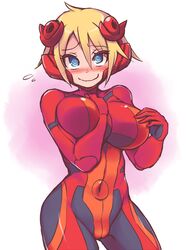  @_@ arm_between_breasts between_breasts blonde_hair blue_eyes blush bodysuit breasts closed_mouth covered_navel cowboy_shot disgaea embarrassed female gloves hair_between_eyes headpiece highres impossible_bodysuit impossible_clothes large_breasts looking_at_viewer makai_senki_disgaea_6 nijino_piyori nisemono_faker red_bodysuit red_gloves short_hair skin_tight smile solo 