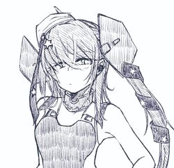  breasts competition_swimsuit female garrison_cap hair_ornament hair_ribbon hand_on_own_hip hat kantai_collection line_art long_hair looking_at_viewer monochrome one-piece_swimsuit ribbon scamp_(kancolle) side_ponytail small_breasts solo star_(symbol) star_hair_ornament swimsuit tatahai 