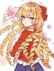  :o artist_name blonde_hair blue_eyes blue_skirt blush bow claire_francois commentary crossed_arms dated drill_hair female hair_ribbon hairbow half_updo hanagata happy_birthday jacket long_hair looking_at_viewer looking_back open_mouth red_bow red_jacket red_ribbon ribbon school_uniform signature skirt solo symbol-only_commentary v-shaped_eyebrows very_long_hair watashi_no_oshi_wa_akuyaku_reijou 