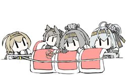  4girls ahoge akizuki_(kancolle) bed_sheet black_hair black_hairband braid brown_hair chibi commentary_request corset futon grey_hair hairband hatsuzuki_(kancolle) headgear kantai_collection long_hair medium_hair multiple_girls neckerchief no_mouth one_side_up rug_beater school_uniform serafuku short_hair simple_background suzutsuki_(kancolle) task_(s_task80) teruzuki_(kancolle) twin_braids uniform white_background yellow_neckerchief |_| 