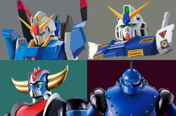  green_eyes grendizer gundam gundam_0080 gundam_alex highres horns looking_ahead looking_at_viewer looking_down mazinger_(series) mecha mecha_focus mui_(muilog3) no_humans robot science_fiction split_screen super_robot tetsujin_28 tetsujin_28-gou ufo_robo_grendizer upper_body v-fin yellow_eyes zeta_gundam zeta_gundam_(mobile_suit) 