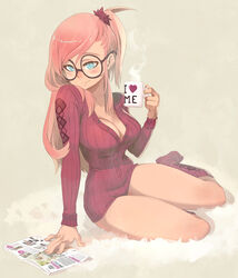  absurdres argyle_clothes argyle_legwear blue_eyes blush book bottomless breasts cleavage coffee_mug commentary cup english_commentary female fingernails glasses hair_ornament hair_scrunchie highres leotard long_hair magazine_(object) medium_breasts mug narrow_waist one_side_up open_book original partially_unbuttoned pink_hair purple-framed_eyewear purple_leotard purple_scrunchie purple_socks purple_theme reading ribbed_legwear ribbed_leotard round_eyewear scrunchie sitting socks solo sweater thighs xaxaxa yokozuwari 