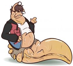  anthro binturongboss brown_hair clothing eyestalks eyewear gastropod glasses hair male mollusk overweight overweight_male serpentine shirt slime slug solo species_transformation topwear torn_clothing transformation weight_gain 