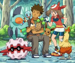  1boy bandana bike_shorts black_socks blue_eyes bonsly bottle brock_(pokemon) brown_hair closed_eyes combusken day eevee feeding female forretress gloves hand_on_own_hip holding holding_bottle holding_pokemon marshtomp may_(pokemon) on_shoulder open_mouth outdoors poke_ball_print pokemoa pokemon pokemon_(anime) pokemon_(creature) pokemon_on_leg pokemon_on_shoulder pokemon_rse_(anime) red_bandana rock short_hair sitting sitting_on_rock smile socks squirtle standing tree two-tone_gloves 