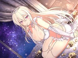  bed blonde_hair blush breasts bridal_lingerie choker cleavage come_hither constellation constellation_print curtains elbow_gloves female flower gloves gold golden_rose highres index_finger_raised indoors jewelry large_breasts leo_(constellation) leo_(senran_kagura) lingerie long_hair looking_at_viewer median_furrow name_connection object_namesake official_alternate_costume official_art on_bed petals purple_eyes rose_petals senran_kagura senran_kagura_new_link sky smile solo star_(sky) star_(symbol) starry_sky tiara underwear very_long_hair white_choker window yaegashi_nan 