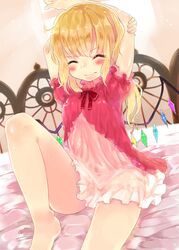  ^_^ absurdres ahoge alternate_costume babydoll backlighting barefoot blonde_hair blush closed_eyes crystal dutch_angle female flandre_scarlet flat_chest frills hair_down highres indoors knee_up long_hair niseneko_(mofumofu_ga_ienai) no_headwear on_bed petite puffy_short_sleeves puffy_sleeves see-through short_sleeves solo stretching touhou v-shaped_eyebrows window wings 