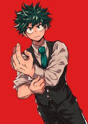  1boy adjusting_shirt black_pants black_vest boku_no_hero_academia chiyaya collared_shirt freckles frown green_eyes green_hair green_necktie highres male_focus midoriya_izuku necktie pants red_background shirt simple_background sleeves_rolled_up solo vest white_shirt 