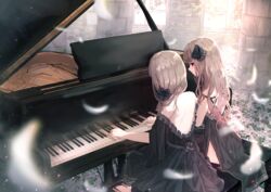  2girls absurdres back bare_shoulders benevole blunt_bangs dress flower frilled_dress frills grand_piano hair_ornament hair_ribbon highres instrument light_brown_hair long_hair multiple_girls music original piano playing_instrument playing_piano red_eyes ribbon side_slit sitting 