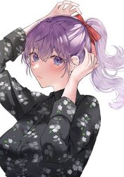  adjusting_hair_ornament alternate_eye_color alternate_hairstyle arm_up black_shirt blue_eyes blurry blush depth_of_field fate/stay_night fate_(series) female hair_between_eyes hair_ribbon hand_on_own_head high_ponytail highres long_hair looking_at_viewer matou_sakura parted_lips patterned_clothing ponytail purple_hair red_ribbon ribbon shimatori_(sanyyyy) shirt simple_background solo upper_body white_background 