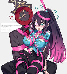  !? 1other black_fire black_gloves black_hair black_pants black_shirt blue_shirt blush breasts clock collared_shirt covered_nipples dante_(limbus_company) e.g.o_(project_moon) female fire floral_print genderswap_(mtf) gloves hawaiian_shirt heterochromia highres hong_lu_(project_moon) large_breasts limbus_company long_hair necktie object_head open_mouth pants pink_ribbon pink_shoes_(project_moon) project_moon red_necktie ribbon rule_63 shiki_(shikki46) shirt sidelocks smile sweat very_long_hair 