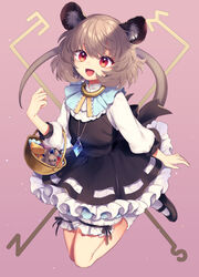  :d animal_ears apple basket bloomers blue_capelet blush capelet cheese commentary_request dowsing_rod female food frills fruit gold_trim grey_hair jewelry long_sleeves looking_at_viewer mouse_(animal) mouse_ears mouse_girl mouse_tail nazrin open_mouth pantylines pendant puffy_sleeves purple_background red_eyes short_hair simple_background smile solo tail tomobe_kinuko touhou underwear 