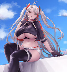  absurdres azur_lane bad_id bad_twitter_id black_gloves black_jacket black_panties blue_sky blush breasts commentary_request cropped_jacket female gloves hair_ornament half_gloves highres huge_breasts jacket long_hair looking_at_viewer midriff multicolored_hair navel official_alternate_costume open_clothes open_jacket open_mouth orange_eyes outdoors panties prinz_eugen_(azur_lane) prinz_eugen_(final_lap)_(azur_lane) race_queen sitting sky solo stomach streaked_hair thighhighs twintails underboob underwear very_long_hair white_hair yuuki_shuri 