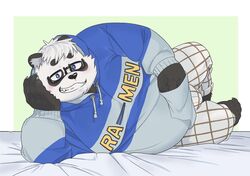  2022 anthro bear black_body black_nose blue_eyes bottomwear bulge clothing eyewear giant_panda glasses hi_res hoodie humanoid_hands kemoniku120 kemono male mammal overweight overweight_male pants sasayama_akira solo topwear vtuber white_body 