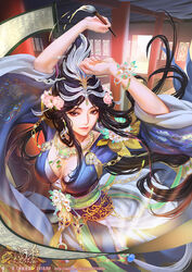  chinese_clothes closed_mouth expressionless female flower from_above hair_bun hair_ornament holding holding_brush jewelry legend_of_the_three_kingdoms long_hair necklace pillar romance_of_the_three_kingdoms sash scroll solo xiaji xin_xianying 