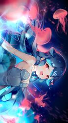  bao_(vtuber) bao_(vtuber)_(1st_costume) bare_shoulders blue_hair breasts cleavage dress female grey_dress highres indie_virtual_youtuber jellyfish jewelry liquid_hair looking_to_the_side medium_breasts naizotan necklace open_mouth red_eyes sideways smile solo virtual_youtuber 