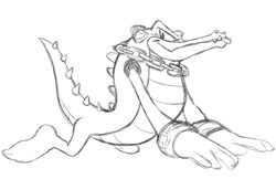  all_fours anthro barefoot black_and_white blep chains clothing crocodile crocodilian crocodylid electronics feet gloves handwear headphones jewelry kneeling looking_at_viewer male monochrome nude reptile scalie sega side_view simple_background smile solo sonic_the_hedgehog_(series) spines teeth_showing thegreatmatsutzu tongue tongue_out vector_the_crocodile white_background 