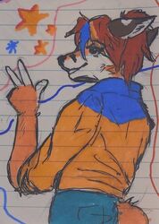  2023 anthro black_nose blue_bottomwear blue_clothing blue_jacket blue_jeans blue_pants blue_topwear bottomwear brown_hair canid canine clothed clothing denim denim_bottomwear denim_clothing felid feline female flat_colors fox fur gesture hair half-length_portrait hi_res highlights_(coloring) humanoid_hands hybrid jacket jeans literaldeerirl mammal marker_(artwork) mixed_media multicolored_clothing multicolored_topwear notebook_paper_background orange_body orange_fur pants pen_(artwork) ponytail portrait rear_view red_fox serval smile solo tail topwear traditional_media_(artwork) true_fox two_tone_clothing two_tone_jacket two_tone_topwear white_body white_fur yellow_clothing yellow_jacket_(clothing) yellow_topwear 