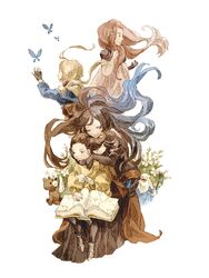  2boys 2girls babus_swain black_dress black_gloves blue_butterfly book brown_hair bug butterfly crying dress elbow_gloves final_fantasy final_fantasy_tactics_advance fingerless_gloves gloves hair_ornament hairclip highres long_hair luce-in-the-sky marche_radiuju mewt_randell mother_and_son multiple_boys multiple_girls open_book ritz_malheur sitting sitting_on_lap sitting_on_person stuffed_animal stuffed_toy teddy_bear white_background 