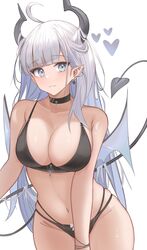  :3 absurdres ahoge bare_arms bare_shoulders bikini black_bikini black_choker blue_eyes borrowed_character breasts choker cleavage collarbone cowboy_shot demon_girl demon_horns demon_tail demon_wings ear_piercing female hair_on_horn heart highres horns large_breasts long_hair looking_at_viewer multi-strapped_bikini navel oerba_yun_fang original parfait_desu piercing pointy_ears simple_background skindentation smile solo standing stomach string_bikini swimsuit tail tail_raised thea_(nekojira) very_long_hair white_background white_hair wings 