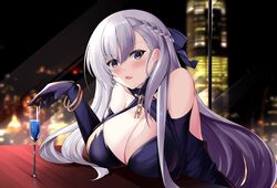  alcohol azur_lane bare_shoulders belfast_(azur_lane) belfast_(the_noble_attendant)_(azur_lane) braid breast_rest breasts champagne champagne_flute cityscape cleavage commentary criss-cross_halter cup dress drinking_glass elbow_gloves female french_braid gloves hair_ribbon halter_dress halterneck highres indoors large_breasts light_purple_hair long_hair looking_at_viewer night official_alternate_costume purple_gloves purple_ribbon ribbon sleeveless sleeveless_dress solo yan_lie 