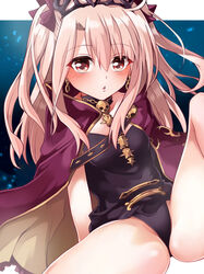  black_dress blush breasts cloak cosplay dress earrings ereshkigal_(fate) ereshkigal_(fate)_(cosplay) fate/grand_order fate/kaleid_liner_prisma_illya fate_(series) female gold_trim hair_between_eyes hair_ribbon highres hood hoop_earrings illyasviel_von_einzbern jewelry knee_up long_hair looking_at_viewer mochi_(k620803n) open_mouth red_cloak red_eyes ribbon sidelocks sitting skull skull_ornament small_breasts solo spine thighs tiara two-sided_cloak two-sided_fabric white_hair yellow_cloak 