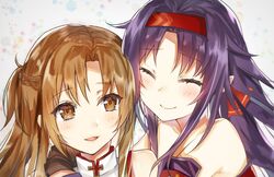  2girls asuna_(sao) bare_shoulders blush braid brown_eyes brown_hair closed_eyes closed_mouth detached_sleeves gloves hairband highres hug long_hair multiple_girls nana_kagura open_mouth parted_bangs pointy_ears purple_hair red_hairband smile sword_art_online yuuki_(sao) 