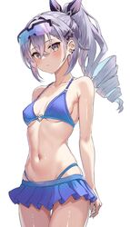  alternate_costume arms_at_sides bare_arms bare_shoulders bikini bikini_skirt blue_bikini blue_skirt breasts commentary_request cowboy_shot crossed_bangs drill_hair drill_ponytail earclip eyewear_on_head female grey_eyes grey_hair hair_ornament hairclip halftone heart_o-ring heart_ring_top hiruno_ushiro honkai:_star_rail honkai_(series) looking_ahead multicolored_hair navel panty_straps ponytail silver_wolf_(honkai:_star_rail) simple_background single_drill skirt small_breasts solo standing stomach streaked_hair sunglasses swimsuit thighs tinted_eyewear white_background 