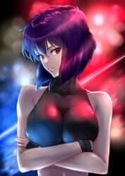  bad_id bad_pixiv_id bare_arms black_gloves breasts collarbone crop_top female fingerless_gloves ghost_in_the_shell gloves hair_between_eyes highres kaijin-m kusanagi_motoko looking_at_viewer midriff parted_lips purple_hair red_eyes short_hair solo stomach straight_hair upper_body 