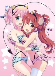  2girls :d ;d animal_print aqua_eyes between_legs bikini blue_bikini breasts chiyoda_momo cleavage commentary_request couple curled_horns demon_girl demon_horns demon_tail gradient_background happy highres horns hug long_hair looking_at_viewer machikado_mazoku medium_breasts mukaibi_aoi multiple_girls one_eye_closed open_mouth orange_eyes pink_background pink_bikini pink_hair print_bikini red_hair short_hair small_breasts smile starry_background swimsuit tail thighhighs tiger_print white_legwear wrist_cuffs yoshida_yuuko_(machikado_mazoku) yuri 