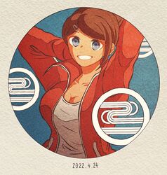  arm_behind_head arm_up asahina_aoi blue_eyes breasts brown_hair cleavage collarbone danganronpa:_trigger_happy_havoc danganronpa_(series) dated female green_background grey_background grey_eyes grey_shirt grin hair_ornament hairclip highres jacket kiri_(2htkz) large_breasts long_sleeves looking_at_viewer red_jacket round_image shirt smile solo teeth upper_body 