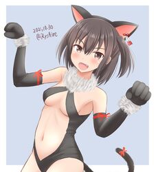  :d ame-san animal_ears bare_shoulders black_gloves black_one-piece_swimsuit blue_background blush breasts brown_eyes brown_hair cat_ears cat_tail center_opening clenched_hands commentary cosplay dated dutch_angle earrings elbow_gloves fake_animal_ears fangs fate/kaleid_liner_prisma_illya fate_(series) female fur-trimmed_gloves fur_trim gloves hair_between_eyes halloween_costume highres illyasviel_von_einzbern illyasviel_von_einzbern_(beast_style) illyasviel_von_einzbern_(beast_style)_(cosplay) illyasviel_von_einzbern_(cosplay) jewelry kantai_collection looking_at_viewer loose_hair_strand midriff navel one-piece_swimsuit open_mouth outside_border red_ribbon ribbon sendai_(kancolle) short_hair sideboob small_breasts smile solo swimsuit tail twitter_username two_side_up underboob v-shaped_eyebrows w_arms 