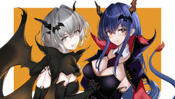  2girls :p alternate_costume arknights bat_hair_ornament black_capelet black_dress black_gloves black_necktie black_wings blue_hair blush breasts capelet ch&#039;en_(arknights) cleavage crossed_arms detached_collar dragon_girl dragon_horns dragon_tail dress elbow_gloves facing_another gloves grey_eyes grey_hair hair_ornament half-siblings halloween halloween_costume hand_on_another&#039;s_arm highres horns long_hair looking_at_viewer looking_back looking_to_the_side medium_breasts medium_hair multiple_girls necktie red_eyes serious siblings sisters srpzk tail talulah_(arknights) tongue tongue_out upper_body very_long_hair wings 