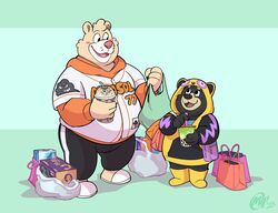  2023 absurd_res american_black_bear anthro bear belly beverage big_belly black_bear black_body bottomwear breeze_in_the_clouds brown_body clothing coat duo female genottr hi_res hoodie humanoid_hands kermode_bear male mammal nimbo_(breeze_in_the_clouds) overweight overweight_male pants pile_(breeze_in_the_clouds) raincoat topwear ursine 