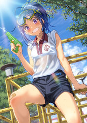  :d ahoge bandaid bandaid_on_knee bandaid_on_leg bare_arms bare_shoulders black_hair black_shorts blue_sky blush clock collared_shirt day diving_mask diving_mask_on_head feet_out_of_frame female goggles goggles_on_head grin gym_uniform highres holding jungle_gym lamppost light_rays looking_at_viewer open_mouth original outdoors pairan purple_eyes see-through shirt short_hair short_ponytail shorts sitting sky sleeves_pushed_up smile solo splashing sunbeam sunlight sweat teeth tree water_gun wet wet_clothes wet_shirt white_shirt zipper zipper_pull_tab 