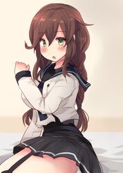  black_sailor_collar black_shirt braid brown_hair commentary_request cowboy_shot female garter_straps green_eyes highres hirune_(konekonelkk) kantai_collection long_sleeves looking_at_viewer necktie noshiro_(kancolle) noshiro_kai_ni_(kancolle) pleated_skirt sailor_collar sailor_shirt school_uniform serafuku shirt sitting skirt solo swept_bangs thighhighs twin_braids yokozuwari 