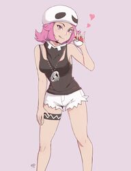  absurdres bare_arms blush breasts bright_pupils brown_shirt closed_mouth commentary english_commentary eyelashes female hand_on_own_thigh hand_up hat heart highres holding holding_poke_ball jewelry knees milka_(milk4ppl) necklace pink_eyes pink_hair poke_ball poke_ball_(basic) pokemon pokemon_sm shirt short_shorts shorts signature skull-shaped_hat skull_necklace sleeveless sleeveless_shirt smile solo team_skull team_skull_grunt team_skull_uniform thigh_strap tongue tongue_out white_hat white_pupils white_shorts 