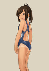  ass blue_one-piece_swimsuit brown_eyes brown_hair chagamaka commentary_request competition_swimsuit cowboy_shot female from_behind grey_background hair_ornament hairclip highres i-401_(kancolle) kantai_collection looking_at_viewer looking_back one-piece_swimsuit ponytail simple_background solo standing swimsuit tan tanlines 