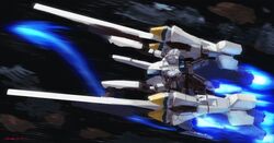  daue flying from_above gundam gundam_narrative highres looking_down mecha mobile_suit motion_blur narrative_gundam narrative_gundam_a-packs no_humans robot science_fiction signature solo v-fin 