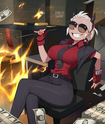  artist_name barleyshake black_horns black_jacket black_necktie black_pants breasts cooking crossed_legs demon_girl demon_horns female fire food gasoline gloves gold grin helltaker horns jacket jacket_on_shoulders justice_(helltaker) large_breasts lucifer_(helltaker) necktie on_chair pants red_gloves red_shirt safe_(container) sausage shirt sitting sleeves_rolled_up smile sunglasses 