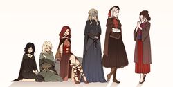  6+girls anastacia_of_astora ascot black_hair blonde_hair bloodborne bonnet brown_hair cape covered_eyes dark_souls_(series) dark_souls_i dark_souls_ii dark_souls_iii delsinsfire demon&#039;s_souls dress emerald_herald emma_the_gentle_blade fire_keeper maiden_in_black multiple_girls plain_doll red_hair robe sekiro:_shadows_die_twice silver_hair 