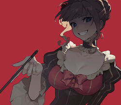  beatrice_(umineko) black_choker black_dress blue_eyes blunt_bangs bow bowtie breasts bright_pupils brown_hair chinese_commentary choker cleavage collarbone commentary_request crazy_eyes crazy_grin dress female flower frilled_choker frills grin hair_bun hair_flower hair_ornament hand_up highres holding holding_smoking_pipe juliet_sleeves lilith-lily long_sleeves looking_at_viewer puffy_sleeves red_background red_bow red_bowtie short_hair simple_background single_hair_bun smile smoking_pipe solo striped_clothes striped_dress umineko_no_naku_koro_ni upper_body vertical-striped_clothes vertical-striped_dress white_pupils 