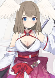  absurdres bare_shoulders black_choker blue_eyes bow breast_tattoo breasts choker cleavage closed_mouth collarbone cosplay detached_sleeves eunie_(xenoblade) feathered_wings female glimmer_(xenoblade) glimmer_(xenoblade)_(cosplay) head_wings highres japanese_clothes keaworks kimono light_brown_hair looking_at_viewer medium_breasts purple_sash red_bow sash simple_background smile tattoo white_background white_kimono white_sleeves white_wings wings xenoblade_chronicles_(series) xenoblade_chronicles_3 xenoblade_chronicles_3:_future_redeemed zoom_layer 