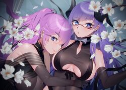  2girls absurdres azur_lane bare_shoulders black_dress black_gloves black_ribbon blue_eyes breasts brown_gloves brown_leotard china_dress chinese_clothes cleavage_cutout clothing_cutout curled_horns demon_girl demon_horns dress elbow_gloves flower from_above from_side gloves gneisenau_(azur_lane) gneisenau_(nightmarish_succubus)_(azur_lane) halloween_costume highres horns large_breasts leotard long_hair looking_at_viewer maitei_roppa multiple_girls official_alternate_costume pink_hair purple_hair rectangular_eyewear red-framed_eyewear ribbon scharnhorst_(azur_lane) scharnhorst_(panther_und_pflaume)_(azur_lane) see-through skindentation smile taut_clothes taut_dress underboob_cutout upper_body white_flower 