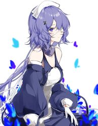  arknights bad_id bad_lofter_id bare_shoulders blue_dress detached_sleeves dress eyepatch female gloves hair_ornament highres joshua_(shisanli934) long_hair long_sleeves purple_eyes purple_hair simple_background smile solo upper_body whisperain_(arknights) white_background white_gloves white_headwear x_hair_ornament 